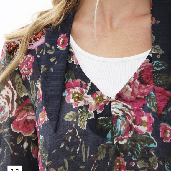 Aratta Silent Journey Floral Navy Blouse with Pink and Green Accents - Picture 3 of 14